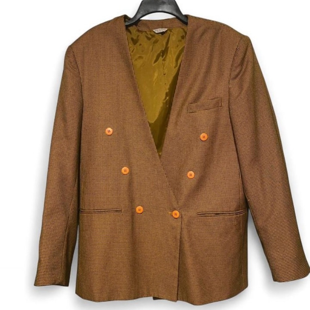 Brown Double-Breasted Blazer with Orange Buttons